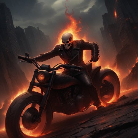 Dark Fantasy Art, Dark Moody Atmosphere, dramatic, mysterious, dark moody atmosphere, dark, moody, dark fantasy style, realistic anime,
BREAK,
Ghost Rider rockets up the skyscraper, his flaming motorcycle scorching a fiery path over glass and steel,
BREAK,
His skull, engulfed in hellfire, casts a sinister, flickering glow, with empty eye sockets seething with vengeful fire,
BREAK,
Flames curl around his skeletal form, his leather jacket and pants seared and frayed, smoldering as he rides,
BREAK, 
sitting on his bike, (((cracked roadway))), cracked road, skull, from side, low angle shot, close up shot, detailed afce, detailed skull, front view, wide angle, burning wheels and bike, chopper motorcycle, chopper, burning engine, leaking lava from cracked road,