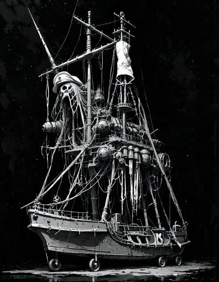 score_9, score_8_up, score_7_up, mm-style, monochrome, black background,(naval ship), dark ocean, horror, dark fantasy, full body, <lora:Monochrome_Monsters_Pony:0.8>