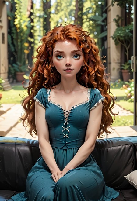princess Merida, <lora:princess_pony_v1:0.6> <lora:cchd_pxl_r2:1> 1girl, on couch, dress, blurry background, zPDXL3 zPDXLxxx