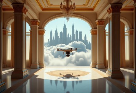 the most realistic, photorealistic photo ever taken [flythrough inside a luxurious mansion leading to a majestical city in the clouds, a GIRL FANTASY dream world with tall and modern skyscrapers, BRIGHT COLORS, floating islands in the sky, shifting landscapes, and ethereal creatures, Captured with a Hasselblad X2D 100C and an 80mm f/1.9 lens, hyper-realistic textures, elegant shadows, incredible realism, creamy bokeh, ultra-detailed textures, perfect lighting], aidmamj6.1, aidmaimageupgrader