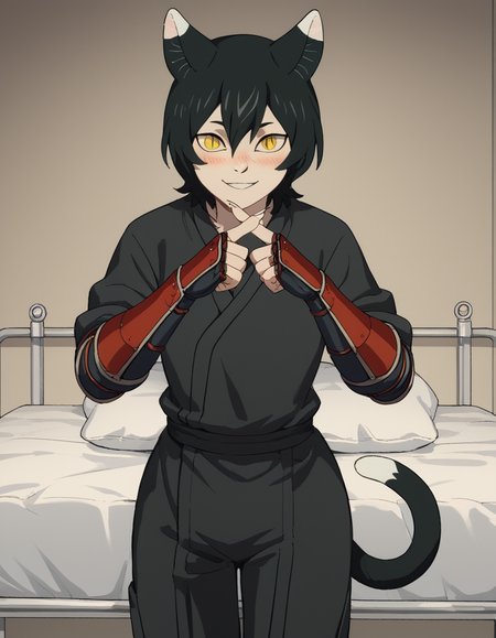 score_9, score_8_up, score_7_up, source_anime, <lora:izutsumi-s1-ponyxl-lora-nochekaiser:1>, izutsumi, black hair, animal ears, tail, yellow eyes, cat ears, cat tail, cat girl, slit pupils,, japanese clothes, gauntlets, ninja, black shirt, black pants,, hospital, beds, doctors, patients, medical, smile, <lora:x-fingers-ponyxl-lora-nochekaiser:1>, x fingers, blush, parted lips,, looking at viewer, solo,, dutch angle, cowboy shot