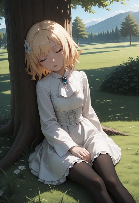 masterpiece,best quality,absurdres,highres,very aesthetic,high quality,detailed,insanely detailed,beautiful,perfect lighting, looking at viewer, 
, outdoors, nature, grass, sunny, blue sky, shadow, tree, dappled sunlight, sitting, sleeping, closed eyes, against tree <lora:Leivinia Birdway illu:1> 1girl, blonde hair, blue eyes, short hair, white dress, ascot, frills, hair ornament, black pantyhose, long sleeves