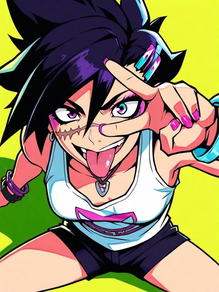 highres, hi res, best quality, masterpiece, intricate details, 4k,, 
1girl, very cute face, tomboy, white tank top, shorts, piercing, bracelet, scar on face, front, leaning forward, v, evil smile, tongue out, piercing, looking at viewer, simple colorful background, dynamic pose, cowboy shot, hair ornament, crazy colors,
 <lora:2XKO_style-10 (Illustrous):1>, 2XKO,