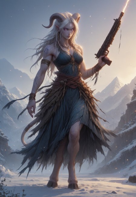 (absurdres, best quality, masterpiece:1.4), score_9, score_8_up, score_7_up, score_6_up, detailed, detailed body, detailed face, world of warcraft, fantasy, <lora:add-detail-xl:1.5>, 

fFaceDetail, SkinDetail, ((female, draenei, tall, athletic arms, pale white skin, long white hair, purple eyes, no pupil, no sclera, long white tail), (h0rns, ram horns, white horns), 
(long fingers, purple fingernails, purple nail polish), hooves),  

GunMonk, shotgun, holding shotgun, dynamic pose, 

(long loose blue dress, blue silk scarf, tail under dress, simple armlet, small yellow gem pendant), 

outdoors, mountains, temple, snow, evening