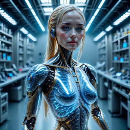 BODY SHOT, extremely detailed, 8k, (BEAUTIFUL BLONDE FEMALE ANDROID:1.3),  BLUE EYES, IN A HIGH TECH FUTURISTIC LABORATORY, LEDS, BIOMECHANICAL BODY PARTS, (TRANSPARENT ULTRA DETAILED BODY shell:1.5) SHOWING blue and gold CIRCUITRY shining bright INSIDE THE BODY, Detailed hand, (DYNAMIC POSES :1.5), perfecteyes
