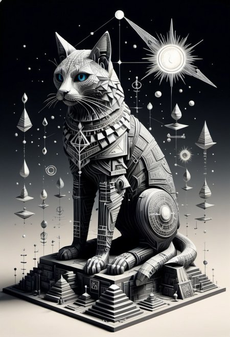 a drawing of Lunar Anubis, cat performing alchemy of etheral symbol quintessence, (one paw raised showing the eye of chemigram:1.1 eye of hamesh (with rays coming out of it), OverallDetail forging cluster astral keys.<lora:UFO_Alchemy_sdxl:1.0>,( <lora:symmetrical:1.5> (negative space tetrahedal trees ((revelation of method,PStyl3 )), <lora:Maximalist_Drawing_BW:0.2>)), (map QuinnMora, HaroldFiskMeander background:1.4), framesmade of checkerboard layer, , no human, ((sigil of pyramid, sigil of great power, frames cube FancyTurning:1.5), (three planes) X Y Z in occult space