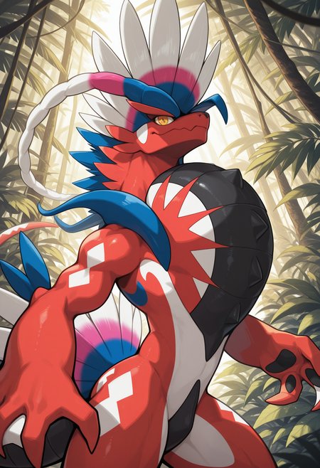 masterpiece,best quality,amazing quality, 1boy, solo, K0r41d0n, pokemon (creature), close up, side angle, smirk, smug, jungle,
