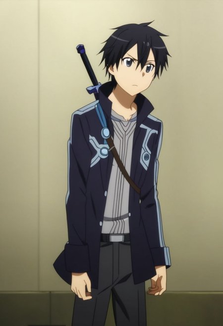 high resolution, professional photography, best quality, 1Boy, Kazuto Kirigaya, Black Hair, Black Eyes, Sword Battle, OverallDetail