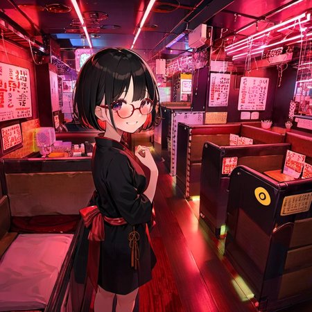 best quality, ultra-detailed, illustration,
pinsalo, scenery, red theme, sign, neon lights, indoors, 
1girl, japanese girl,  cute, (shy smile), glasses, black dress, short hair, black hair, looking at viewer, 
<lora:pinsalo_SDXL_V1:1>