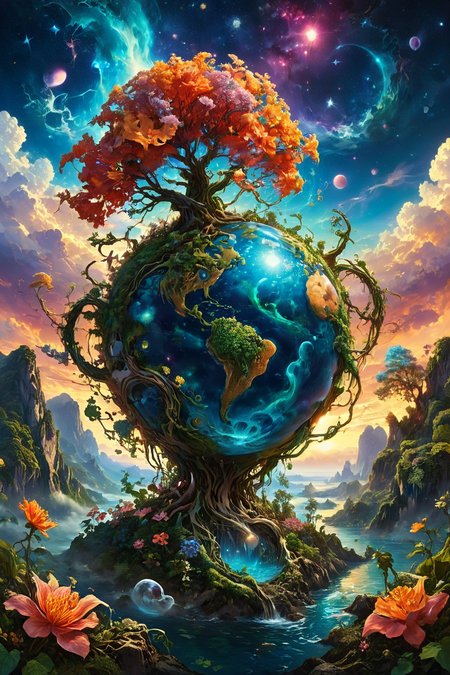 A surreal, fantastical scene featuring a bizarre plant that has grown into the shape of the Earth. The plant's tendrils wrap around the globe, with vibrant leaves and flowers blooming from its surface. The Earth is depicted with exaggerated, glowing colors, and the continents are interwoven with the plant's roots and vines. The background features a dreamy, otherworldly landscape with floating islands and a star-filled sky. The atmosphere is mystical and enchanting, blending the natural beauty of the plant with the surreal image of the Earth. Fantasy, surreal, high-definition, magical, vibrant, detailed, enchanting, mystical, imaginative, otherworldly, glowing, intricate, dynamic.
<lora:ral-mtclniscp-sdxl:0.6> ral-mtclniscp,
<lora:add-detail-xl:1.0>,
<lora:EldritchMixIllustration_1.0:0.35>,
<lora:WildcardX-XL-Detail-Enhancer:0.85>,
<lora:EnvyBetterHiresFixXL01:1.0>,
<lora:extremely_detailed:1.0>, extremely detailed, 
<lora:zavy-cntrst-sdxl:0.6> dark, chiaroscuro, low-key,
<lora:SDXLFaeTastic2400:0.5>
