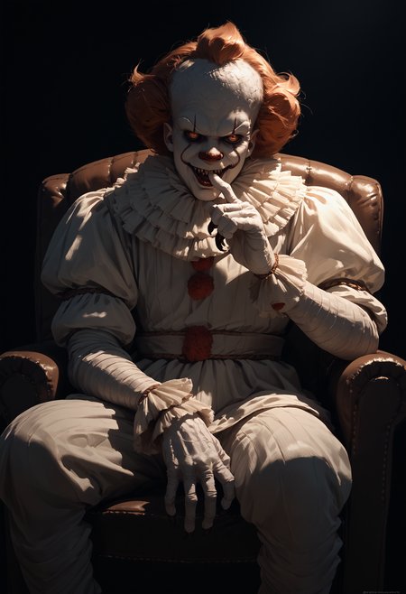 score_9, score_8_up, score_7_up, score_6_up, 1boy, monster, white costume, dark background, sitting, armchair, solo, finger to mouth, 
<lora:pennywise_v0.6-pony:1>
<lora:dark_v1.9-pony:1>