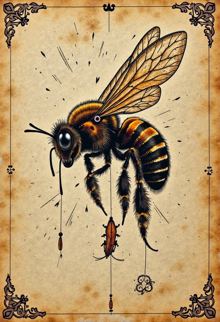 <lora:Flux-Davinci-ink-sketch-V2.safetensors:0.9>,  a davinci diagram in the style of the voynich manuscripts, depicting bees, depicting lightning, depicting energy. hand written annotations, aged parchment, Machina Magnifica. Note affixed that says "Need BUZZ for research", 4k quality