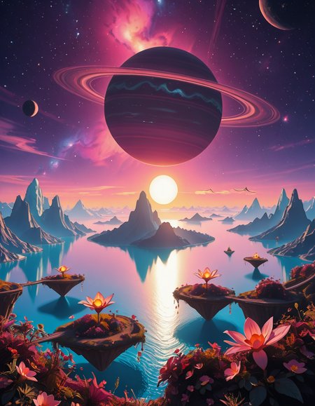 A breathtaking, high-resolution photograph of a celestial paradiseâa stunning, habitable planet floating in the vastness of space. The sky is a mesmerizing blend of deep purples, blues, and pinks, illuminated by twin suns casting golden light over the landscape. Towering crystal mountains shimmer in the distance, reflecting the vibrant hues of the nebula-filled sky. A vast, glowing ocean stretches across the horizon, its surface gently rippling with bioluminescent waves. Floating islands covered in lush, alien vegetation hover above the water, connected by natural bridges of luminescent vines. Exotic, radiant flowers bloom in every color imaginable, while gentle, ethereal creatures with translucent wings glide through the air. In the sky, a massive ringed gas giant looms majestically, its swirling clouds casting soft shadows over the dreamlike terrain. The air shimmers with floating particles of light, creating a surreal, otherworldly ambiance. The entire scene feels like a cosmic utopiaâtranquil, awe-inspiring, and untouched by time.
<lora:SDXLFaeTastic2400:0.4> <lora:extremely_detailed:0.4> extremely detailed,Celestial p4r4d1s3, <lora:Celestial_p4r4d1s3-i:1>, Masterpiece,best quality,hi res,8k,hi res,8k,award winning,(sharp focus, intricate, highly detailed),