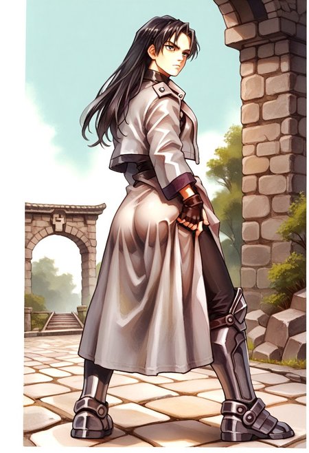 score_9, score_8_up, score_7_up, ohr_cn, traditional media, watercolor (medium), stone bridge, hugbaldw, cutoff jacket, body harness with holy cross design, long black hair, charcoal greaves, gray skirt, black shirt, black pants, black fingerless gloves, long legs, slender legs, hand on own ass, huge ass