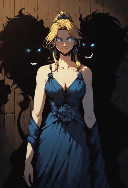score_9, score_8_up, score_7_up, score_6_up, score_5_up, (art, dutch angle, wooden wall, beast, hulking beast, lion, solo, glowing eyes, (silhouette), 1girl, blonde hair, symmetrical bang, blue eyes, evening gown, smirk)