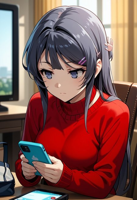score_9,score_8_up,score_7_up,source_anime,SAKURAJIMA_MAI,1girl,solo,long sleeves,hair ornament,holding,closed mouth,sitting,upper body,indoors,hairclip,bag,blurry,sweater,window,blurry background,phone,chair,table,cellphone,curtains,smartphone,holding phone,television,red sweater,remote control,