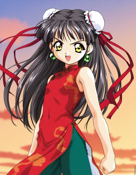 masterpiece, best quality, good quality, <lora:Kounyan_Spiral_NAMI_IS:1>Kounyan, black hair, long hair, double bun, hair bun, bun cover, yellow eyes, ribbon, earrings, flat chest, green jewelry, 2000s \(style\),anime coloring,  short_stack,
red china dress, red ribbon, green pants, aura, outdoor, sky, serious smile, open mouth, fighting_pause, fight style, looking at viewer, cowboy_Shot,