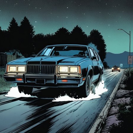 comic book art of  <lora:graphic novel style:1.2>
1980's a car driving down a road at night In the graphic novel style, comic art, graphic novel illustration