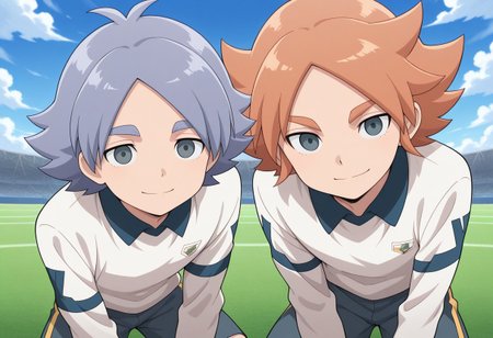 masterpiece,best quality,amazing quality, source_anime, 
2boys, brothers, looking at viewer, smile,
alpine soccer unifor, white shirt, long sleeves, grey shorts, 
FubukiAtsuya, 1boy, male focus, grey eyes, orange hair, BREAK
fubukishirou, 1boy, male focus, grey hair, parted bangs, grey eyes, BREAK
outdoor, sky, day, clouds,