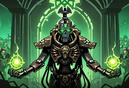masterpiece, best quality, <break> , solo, 1other, (((necron))), (((glowing))), (((robot))), ((armor)), (((green eyes))), ((warhammer 40000))), 
 looking at viewer, standing, 
(((vanripper))), 
<lora:VanripperIllustriousXL_byKonan:1>