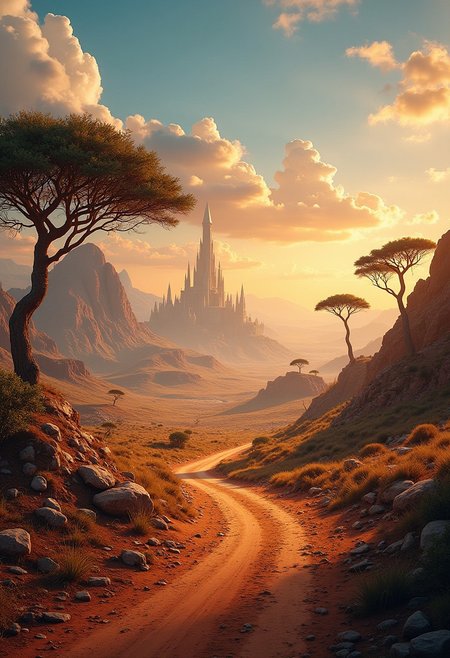 Fantastical landscape with a city in the distance. Africa inspired, RPG Style. wide trade road,