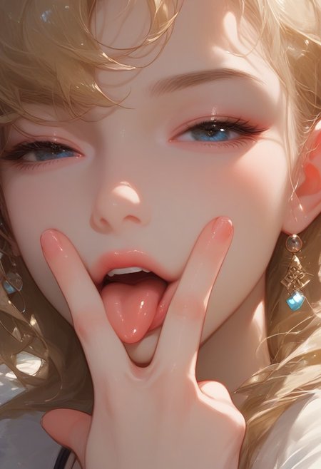 score_9, score_8_up, score_7_up, 1femboy, otoko no ko, face focus, urban sprawl, neon, front view,  lick fingers
