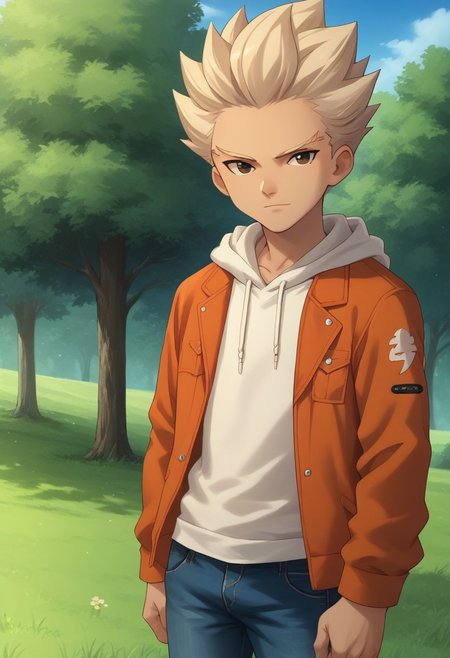 score_9, score_8_up, score_7_up, source_anime, highly detailed, 
axel2, 1boy, male focus, solo, hoodie, hood, orange jacket, jeans, white hair, looking at viewer
outdoor, grass, tree, sky,
