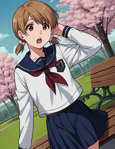 score_9, score_8_up, score_7_up, source_anime, <lora:yuzu-kurosaki-anime-ponyxl-lora-nochekaiser:1>, yuzu, short hair, brown hair, brown eyes,, twintails, short twintails, school uniform, serafuku, neckerchief, red neckerchief, skirt, blue skirt, pleated skirt, long sleeves, white shirt, shirt, sailor collar, blue sailor collar,, park, cherry blossoms, bench, gentle breeze, peaceful, running, open mouth,, , , foot pointed, hand on chin, arm behind head, solo,, cowboy shot, dutch angle