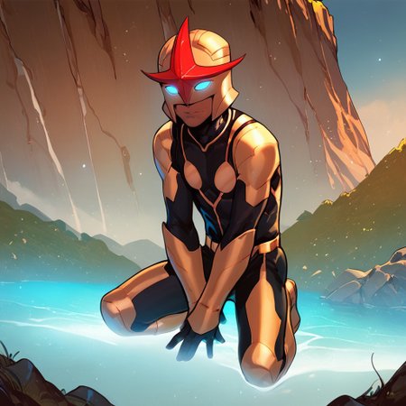 masterpiece,best quality, highly detailed, score_9, score_8_up, score_7_up, yaoi, 1boy, nova, nova ultimate spiderman, helmet, mad look, Gold Belt, Gold Boots, young, round face, brown caramel skin, red nova scar, slick back, various scenery, samalexander, blue glow, full body
