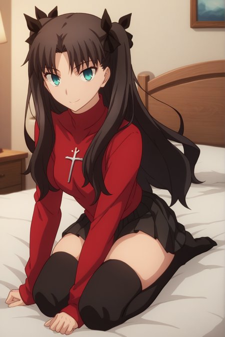 score_9, score_8_up, score_7_up, score_6_up, score_5_up, score_4_up, BREAK source_anime, 1girl,
<lora:TohsakaRinXL-v1-04:0.8>, ChopioTohsakaRin, black hair, long hair, two side up, parted bangs, hair ribbon, aqua eyes, looking at viewer,
(thick thighs, skindentation:0.8), 
outfit_2, red sweater, turtleneck, cross, long sleeves, black skirt, pleated skirt, zettai ryouiki, black thighhighs,
bedroom, bed, on knees, seductive smile, sexy pose,