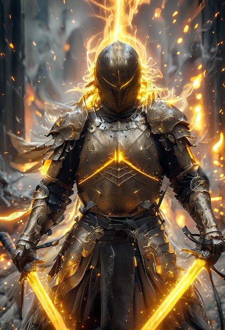 1man, armored samurai in golden samurai armor, wearing samurai helmet and armor,  golden fire, wielding dual swords:1.2, brave perspective, reflection, glowing golden fire, golden lightning shatter, , glowing sword, motion blur, emphasis line, outdoor in the darkness, looking at viewer, katanas