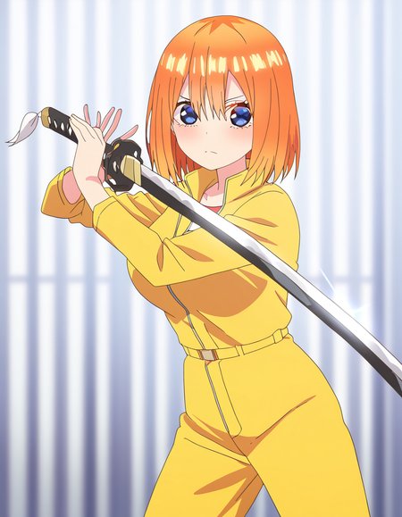 masterpiece, best quality, newest, absurdres, highres, safe,, <lora:yotsuba-nakano-honeymoon-ponyxl-lora-nochekaiser:1>, yotsuba nakano, blue eyes, hair between eyes, short hair, braid, orange hair, twin braids, large breasts, anime screencap, <lora:sword-guard-stance-illustriousxl-lora-nochekaiser:1>, sword guard stance, sword, weapon, solo, katana, holding, holding weapon, holding sword, looking at viewer, jumpsuit, yellow jumpsuit, high collar, cowboy shot, pants,, ,