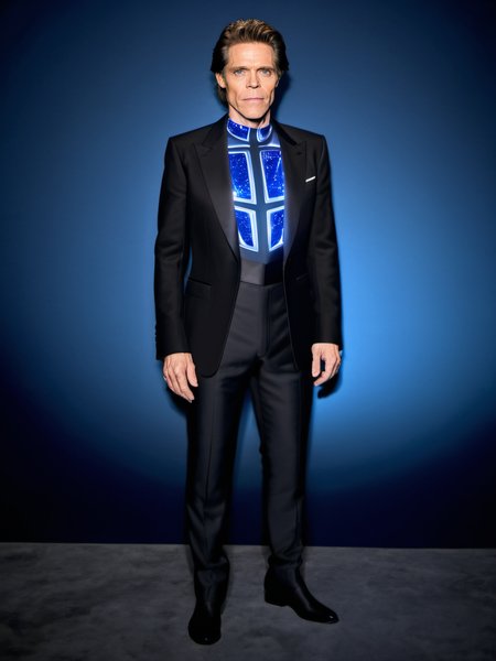 (realistic), (masterpiece),,  <lora:Automan_SDXL:1>Elegant Man, black hair, aut0man, automan,  elegant black jacket over glowing shirt, pants, (beautiful face, William Dafoe face),, solo, full body shot, hollywood gala, photocall,