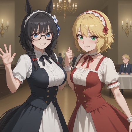2girls, portrait, from front, looking at viewer, smile, dancing , waltz, chandelier, broque style, dance dress, long dress,
 ADDCOMM 
1girl,
ZennoRobRoy, horse girl, horse ears, horse tail, jitome, tareme, black hair, braid on bangs, hair flaps, sidelocks_on_ribbons, bangs, single braid, french braid, horizontal braid bangs, flower hair ornament, black boston glasses, (blue eyes), large breasts, covered ears, hair covering ears, 
 ADDCOL 
1girl,
sakurai momoka, blonde hair, green eyes, bangs, short hair, wavy hair, small breasts,
<lora:sakuraimomoka_pony_v1_1:0.5>  <lora:sdxl-um-zennorobroy:0.5> , <lora:hand 4:1> Hand, five fingers,