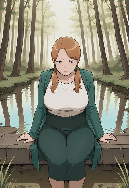 masterpiece,best quality,amazing quality, 1girl, large_breasts, mature_female, solo, open_eyes, Sitting with legs tucked under, vanishing_point, Emerald Coat, very long hair, pigtails, Ginger hair, wetland, very_wide_shot, <lora:Illustrous\leeoekaki_IL:1.0>