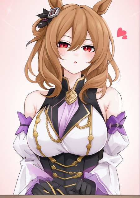 1girl, gentildonna (umamusume), by kodoto, , animal ears, breasts, detached sleeves, gloves, hair between eyes, hair ornament, hair rings, heart, horse ears, horse girl, looking at viewer, medium breasts, medium hair, red eyes, solo, upper body, <lora:freedom:1>