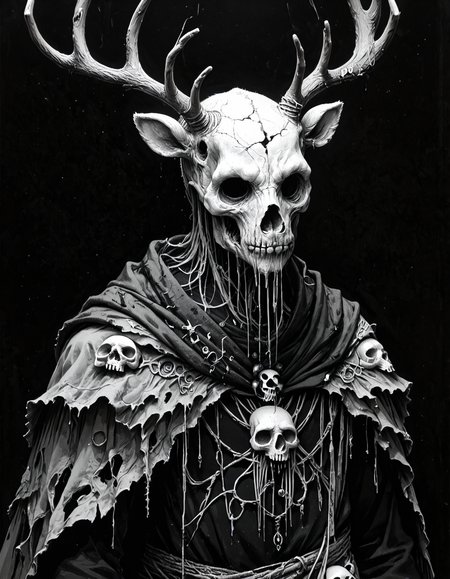 score_9, score_8_up, score_7_up, mm-style, monochrome, black background,(eldritch abomination,deer man ), antlers, tattered clothing, skull mask,horror, dark fantasy, upper body portrait, <lora:Monochrome_Monsters_Pony:0.8>
