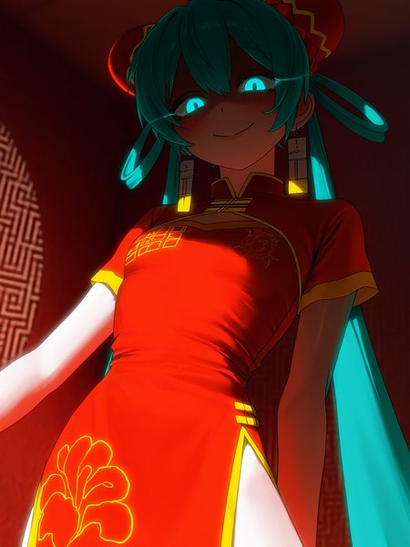 best quality, highres, masterpiece, very awa, newest, 2024, indoors,  realistic,
1girl, solo, chinamiku, hatsune miku,  chinese clothes,  blush,  red dress,  smile, side slit, shaded face, glowing eyes, 
<lora:odochina:.6>
<lora:Au_(D_Elete)-ill-Fandingo:1>