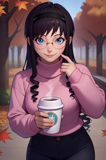 score_9, score_8_up, score_7_up, score_6_up, source_anime, 1girl, solo, <lora:morishimaharuka-pdxl-nvwls-v1-000006:1> amaMH, black hair, drill hair, long hair, blue eyes, black hairband, pink sweater, turtleneck, black pants, breasts, glasses, autumn, happy, looking at you, holding coffee cup