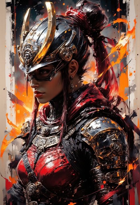 Silhouette Art, breathtaking detailed, masterpiece, awe-inspiring, radiant, magnificent. (all dark hues and fine vibrant orange glowing smoldering accent and shiny silver color scheme:1.02). glossy. stunning oriental woman, long hair, samurai helment, red leather samurai armour