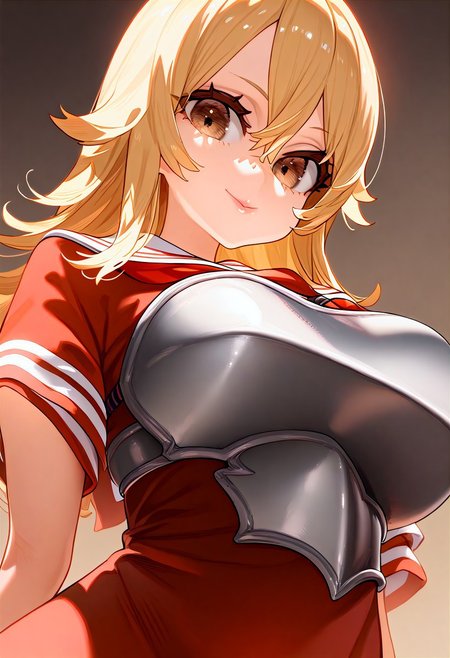 (masterpiece:1.2, best quality), (finely detailed eyes: 1.2) (ultra-detailed, hires), (detailed face, detailed eyes), (best illumination), detailed glow, high contrast, looking at viewer, solo, smile, closed mouth, 1girl, huge breasts, wide hips, thick thighs, centurii-chan, blond hair, brown eyes, hair between eyes, medium hair, fluffy hair, bangs, armor, ((breastplate)), dress, neckerchief, red neckerchief, red dress, short dress, short sleeves, pink lips, skindentation, no background, empty background, (((face shot))), (masterpiece, best quality, very aesthetic, absurdres), (ultra detailed perfect piece:1.2), illustration, masterpiece, (extremely detailed CG 8k), (very fine 8K CG), <lora:add-detail-xl:-1>