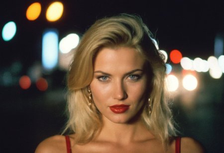 CinematicPortrait woman analog photo blonde  slavic cleavage  masterpiece outdoors, (glossy  lipstick), grey eyes, (nighttime street lights bokeh), soft focus, depth of field, film grain, (((looking at viewer))) <lora:CinematicPortraitXL_v3:0.35>  <lora:EuroBabe-v4-XL:0.25>