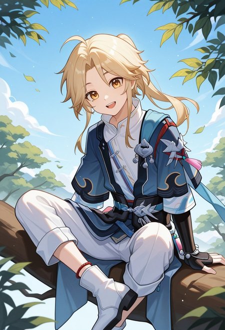 masterpiece,best quality,amazing quality, source_anime, 
Yanqihonk, 1boy, male focus, solo, sitting, looking at viewer, tree, open mouth, yellow eyes, smile, in tree, outdoors, sitting in tree, leaf, tassel, sky, teeth, upper teeth only, day, blonde hair, long hair, ponytail, chinese clothes, shirt, white shirt, kimono, blue kimono, tassel, belt, fingerless gloves, black gloves, white pants, capri pants, anklet, ankle boots, white footwear,