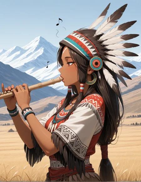 masterpiece, best quality, amazing quality,  native american, outdoors, general, mountain, sprint, playing flute,music, musical note,