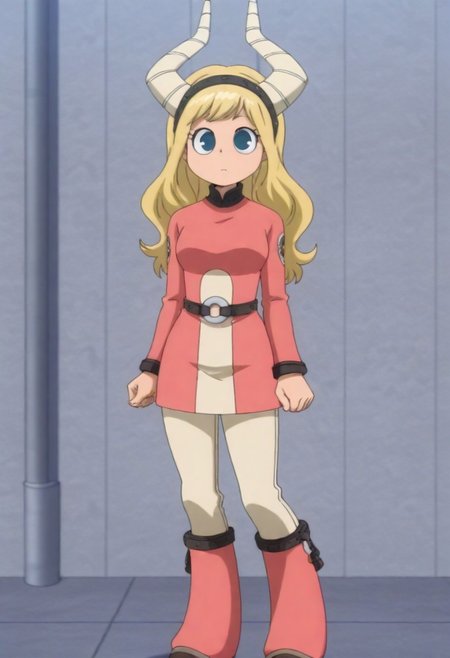 masterpiece, best quality, anime screenshot, anime, <lora:Pony_Tsunotori:1> tsunotori, blonde hair, long hair, horns, blue eyes, hairband, pink dress,long sleeves, tan pants, kneehigh boots, pink boots,