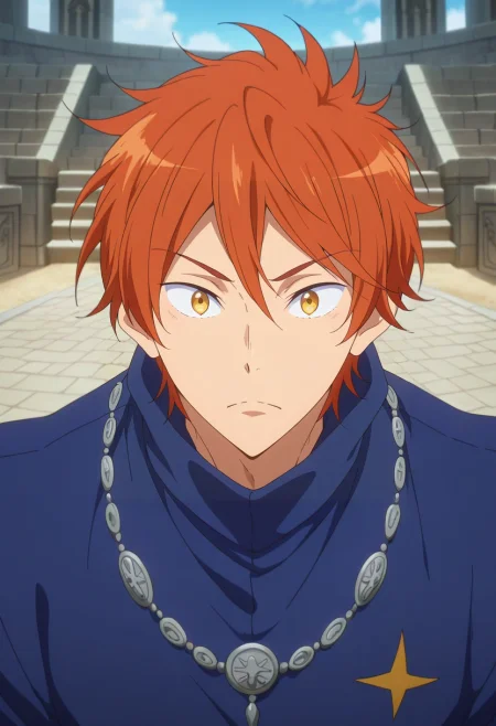 masterpiece, best quality, intricate details, anime screencap, , , looking at viewer, 1boy, solo, male focus, <lora:momotarou_mikoshiba_ilxl:1>, momotarou_mikoshiba, orange hair, yellow eyes, ancient arena, stone seats, sand pits, historic carvings, observing pose, inspired expression, midday sun,