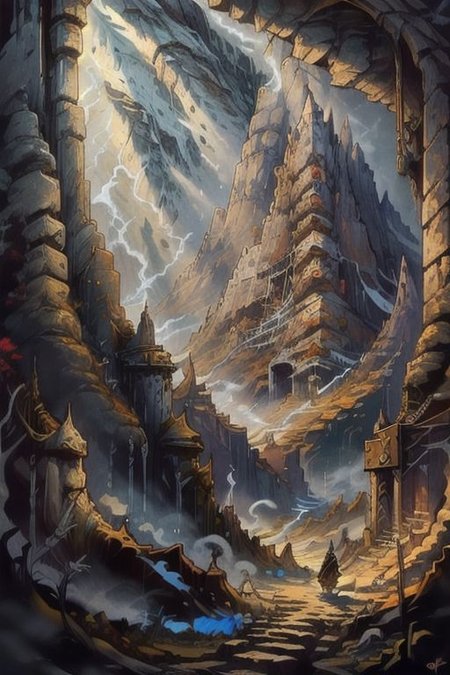 ((Masterpiece)), realistic digital painting of the hall of the mountain king, fanmou, "madness reigns, in the hall of the mountain king", throne room, the dead dwarf king, full armor, guards his treasure with greedy wrath for anyone foolish enough to try to take it, official art, trending on artstation, perfect composition, rule of thirds, golden ratio, cinematic lighting, crepuscular rays, <lora:fantasyv1.1:1>,