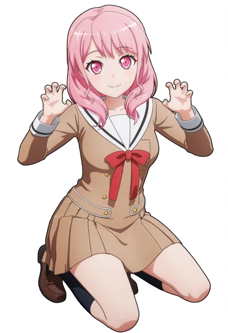 best quality, masterpiece, anime screencap, simple background, solid white background, 1girl, solo, looking at viewer, full body, 
 <lora:4Ya:1>, 4ya, pink hair, pink eyes,  smile, hanasakigawa school uniform,  brown skirt, claw pose,