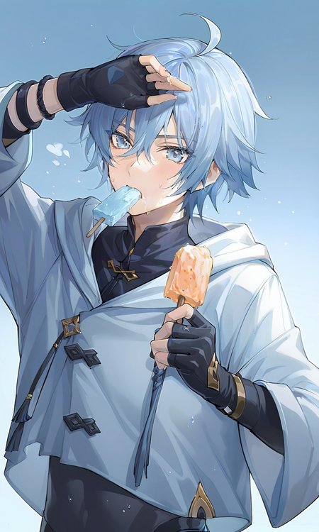 <lora:fat-xl-a3.1:0.8>,
chongyun (genshin impact), 1boy, male focus, popsicle, food, blue hair, solo, blue eyes, sweat, gloves, fingerless gloves, light blue hair, bangs, short hair, hood, hair between eyes, upper body, holding, chinese clothes, black gloves, eating, male child, shading eyes, food in mouth, ahoge, hood down, holding food, blue background, bodysuit, black bodysuit, simple background, bracelet, hot, aqua hair, open mouth, signature, long sleeves