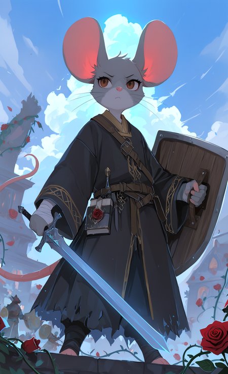 masterpiece, best quality, good quality, very awa, newest, highres, absurdres,  solo, 1boy, holding, animal ears, brown eyes, standing, tail, male focus, flower, weapon, sky, cloud, sword, holding weapon, book, rose, holding sword, bandages, plant, red flower, furry, shield, red rose, furry male, mouse ears, mouse tail, vines, mouse, mouse girl, whiskers, holding shield, xxx667_illu, glowing, tfaix, <lora:illustriousXL_stabilizer_v1.23:0.3> <lora:NOOB_vp1_detailer_by_volnovik_v1:0.3> <lora:ponyv6_noobE11_2_adamW-000017:0.3> <lora:96YOTTEA-WAI:0.5> <lora:XXX667:0.5> <lora:HaradaTakehitoIXL_v3:0.8>